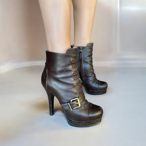 FENDI Brown Leather Buckle & Zipper & Lace Up Platform Ankle Boots, Size 37.5