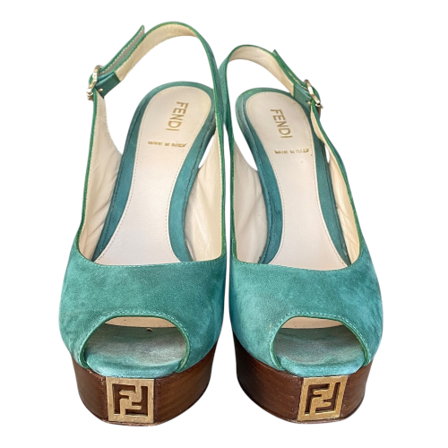 FENDI Fendista Green Suede Slingback Peep Toe Platform Pumps, Size 36