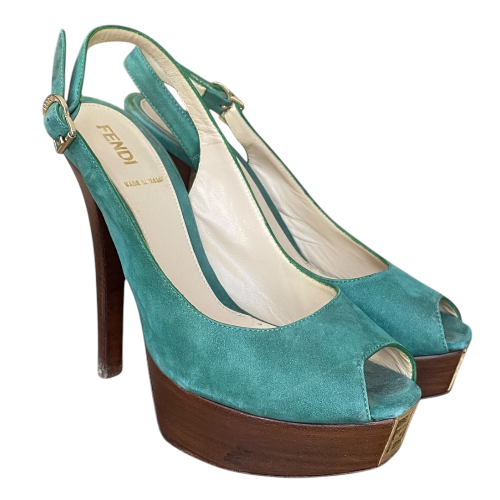 FENDI Fendista Green Suede Slingback Peep Toe Platform Pumps, Size 36