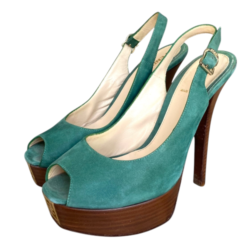FENDI Fendista Green Suede Slingback Peep Toe Platform Pumps, Size 36