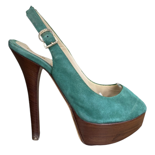 FENDI Fendista Green Suede Slingback Peep Toe Platform Pumps, Size 36