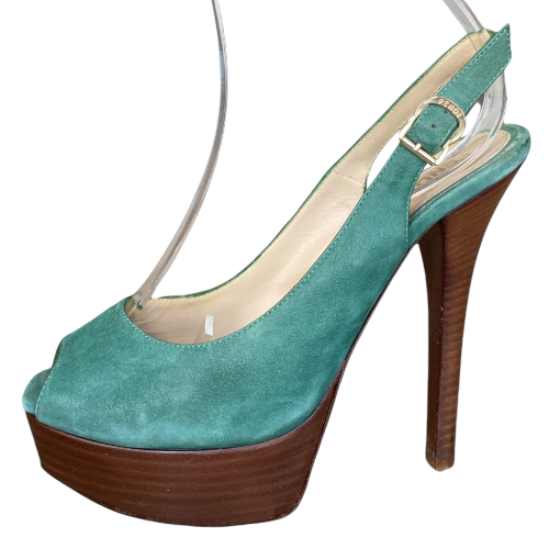 FENDI Fendista Green Suede Slingback Peep Toe Platform Pumps, Size 36