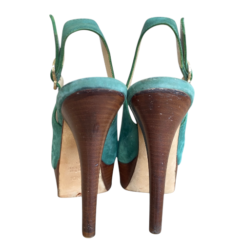 FENDI Fendista Green Suede Slingback Peep Toe Platform Pumps, Size 36
