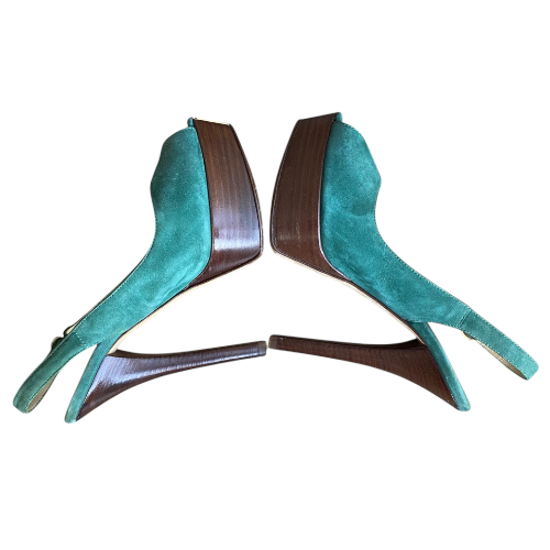 FENDI Fendista Green Suede Slingback Peep Toe Platform Pumps, Size 36