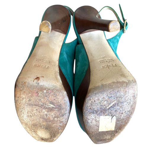 FENDI Fendista Green Suede Slingback Peep Toe Platform Pumps, Size 36