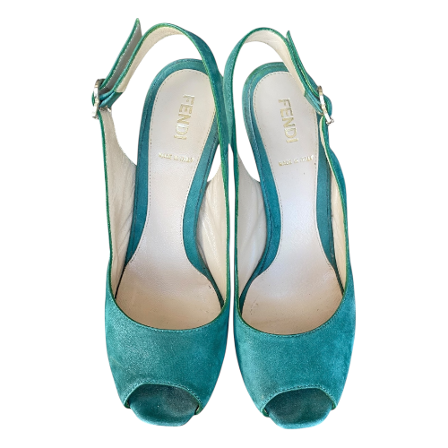 FENDI Fendista Green Suede Slingback Peep Toe Platform Pumps, Size 36