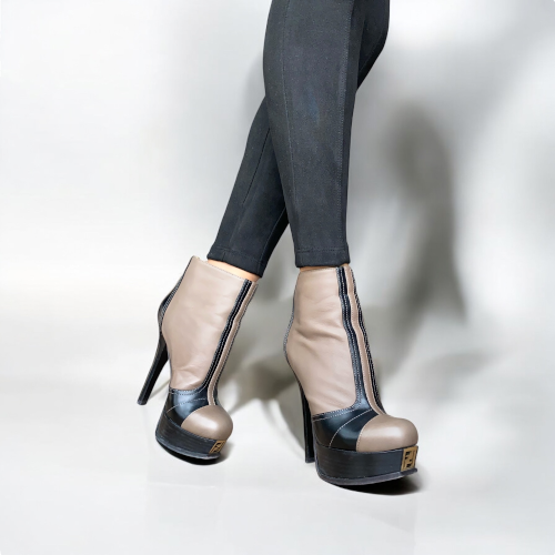 FENDI Fendista Taupe & Black Leather Platform Ankle Boots, Size 36