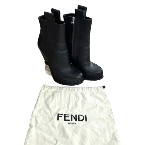 FENDI Black Leather Lucite Ice Heel Ankle Boots, Size 38