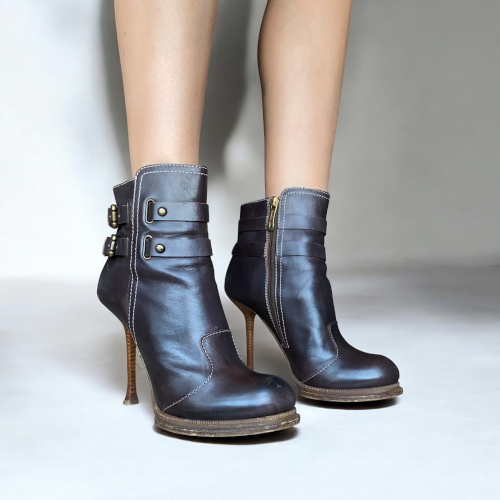 GIANMARCO LORENZI Brown Leather Buckle Detail Ankle Boots, Size 39