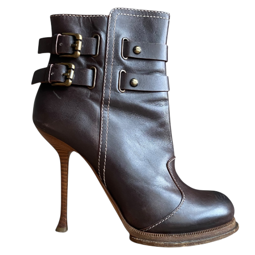 GIANMARCO LORENZI Brown Leather Buckle Detail Ankle Boots, Size 39
