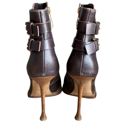 GIANMARCO LORENZI Brown Leather Buckle Detail Ankle Boots, Size 39