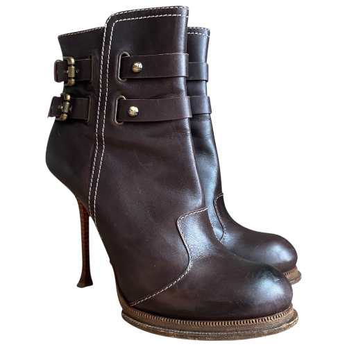 GIANMARCO LORENZI Brown Leather Buckle Detail Ankle Boots, Size 39