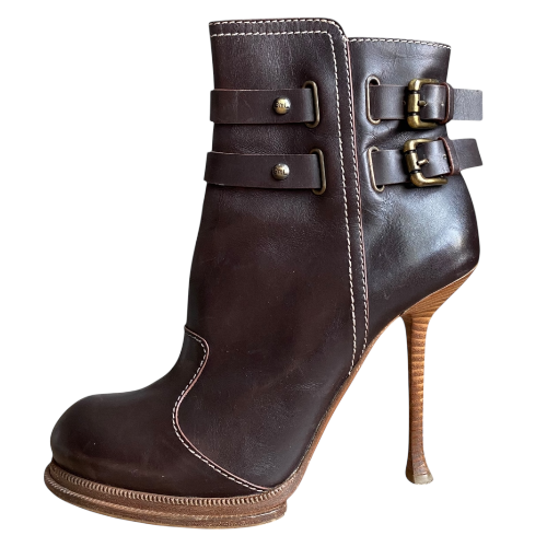 GIANMARCO LORENZI Brown Leather Buckle Detail Ankle Boots, Size 39