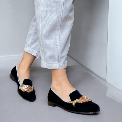 GIANVITO ROSSI x Mary Katrantzou Navy Velvet Scott Fish Embroidered Loafers, 37