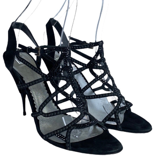 GIORGIO ARMANI Black Suede Crystal Embellished Ankle Strap Sandals, Size 40
