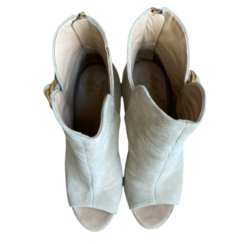 GIUSEPPE ZANOTTI Beige Suede Gold Buckle Detail Peep Toe Ankle Boots, Size 36