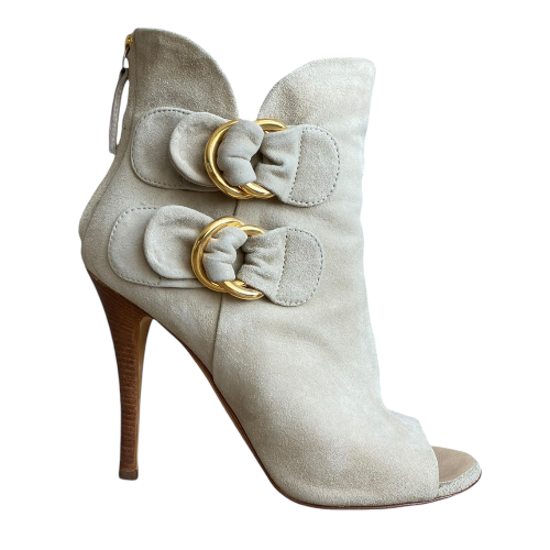 GIUSEPPE ZANOTTI Beige Suede Gold Buckle Detail Peep Toe Ankle Boots, Size 36