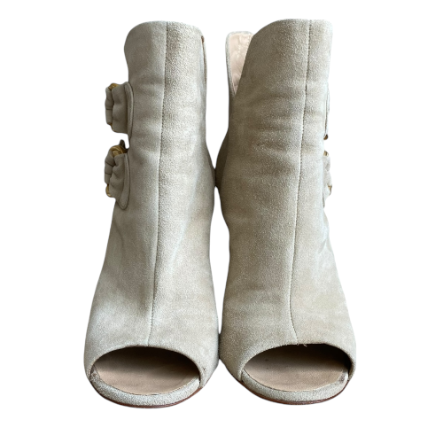 GIUSEPPE ZANOTTI Beige Suede Gold Buckle Detail Peep Toe Ankle Boots, Size 36