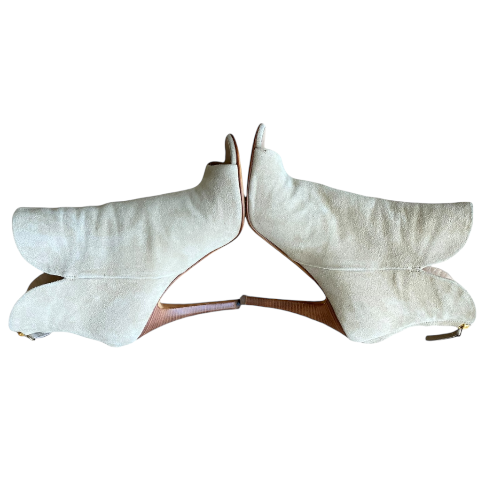 GIUSEPPE ZANOTTI Beige Suede Gold Buckle Detail Peep Toe Ankle Boots, Size 36