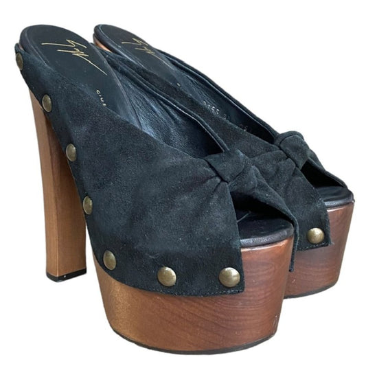 GIUSEPPE ZANOTTI Black Suede Knot Studded Wooden Heels Platform Clogs, Size 38
