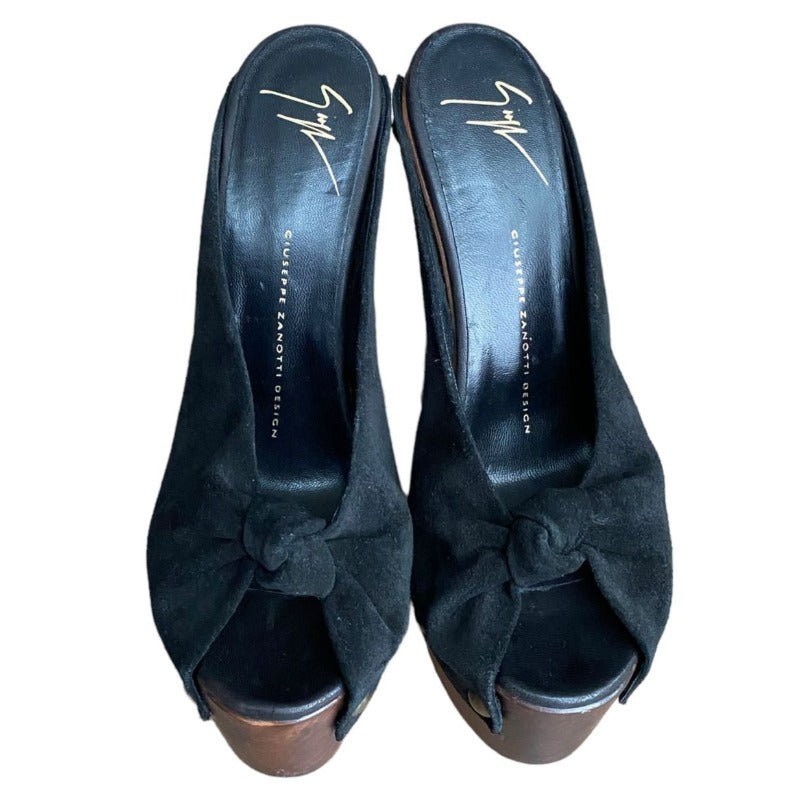 GIUSEPPE ZANOTTI Black Suede Knot Studded Wooden Heels Platform Clogs, Size 38