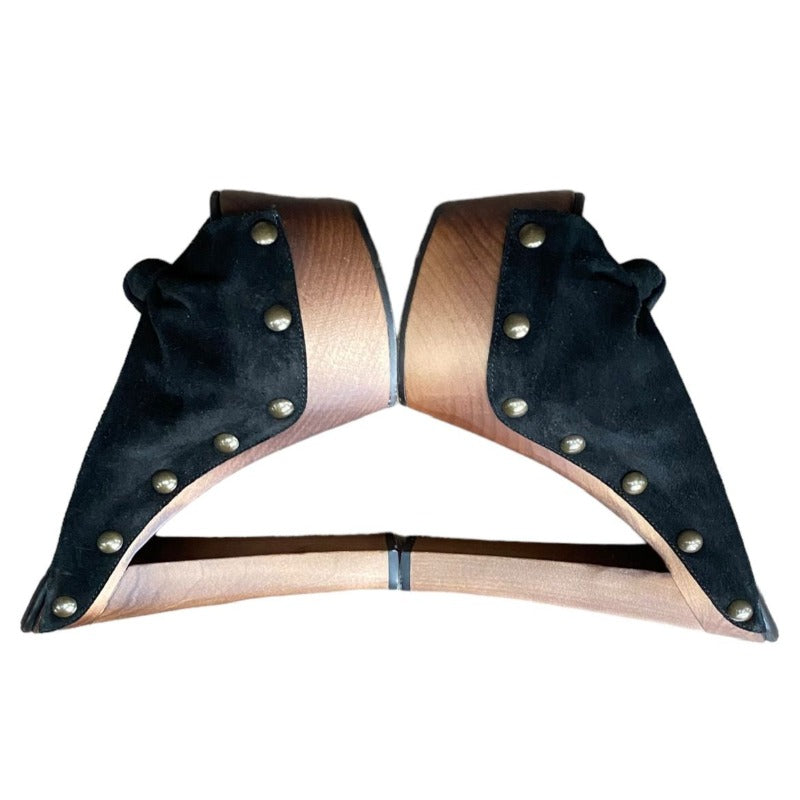 GIUSEPPE ZANOTTI Black Suede Knot Studded Wooden Heels Platform Clogs, Size 38