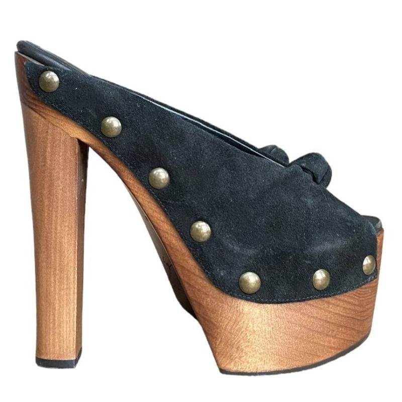 GIUSEPPE ZANOTTI Black Suede Knot Studded Wooden Heels Platform Clogs, Size 38
