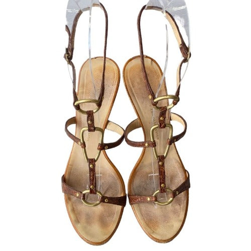 GIUSEPPE ZANOTTI Brown Leather Strappy w Gold Ring Gold Heeled Sandals, Size 37.5