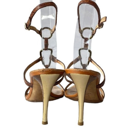 GIUSEPPE ZANOTTI Brown Leather Strappy w Gold Ring Gold Heeled Sandals, Size 37.5