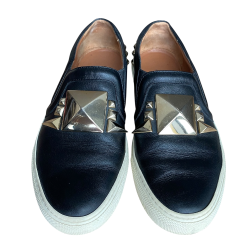 GIVENCHY Black Leather Studded Slip On Low Sneakers, Size 36.5