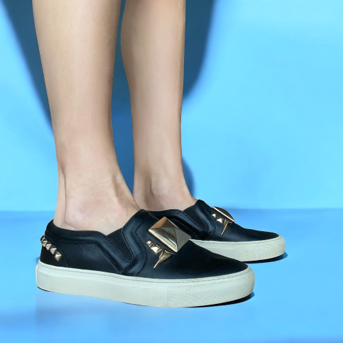 GIVENCHY Black Leather Studded Slip On Low Sneakers, Size 36.5
