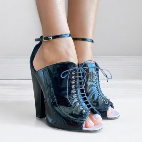 GIVENCHY Black Patent Leather Lace Up Peep Toe Ankle Strap Pumps, Size 38