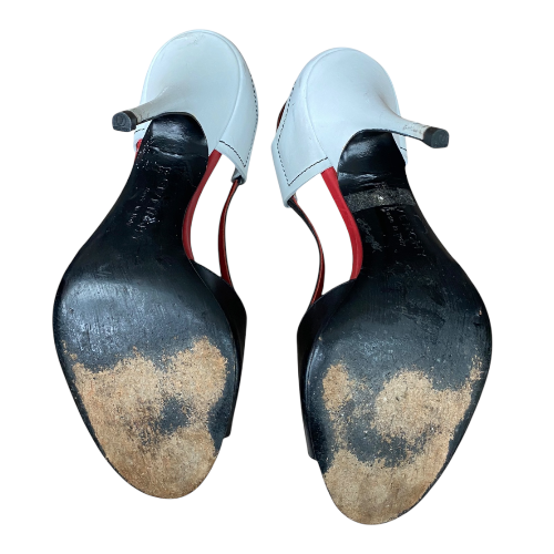 GIVENCHY Black, White, Red Colorblock Leather Open Toe Heeled Sandals, Size 36
