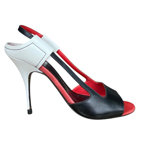 GIVENCHY Black, White, Red Colorblock Leather Open Toe Heeled Sandals, Size 36