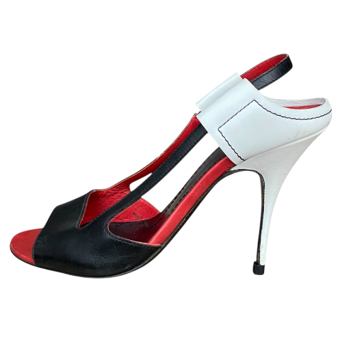 GIVENCHY Black, White, Red Colorblock Leather Open Toe Heeled Sandals, Size 36