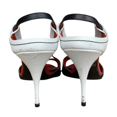 GIVENCHY Black, White, Red Colorblock Leather Open Toe Heeled Sandals, Size 36
