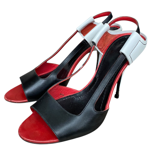 GIVENCHY Black, White, Red Colorblock Leather Open Toe Heeled Sandals, Size 36