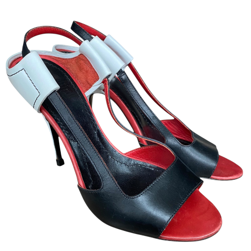 GIVENCHY Black, White, Red Colorblock Leather Open Toe Heeled Sandals, Size 36