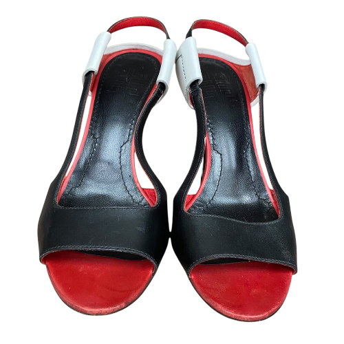 GIVENCHY Black, White, Red Colorblock Leather Open Toe Heeled Sandals, Size 36