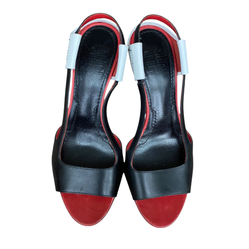 GIVENCHY Black, White, Red Colorblock Leather Open Toe Heeled Sandals, Size 36