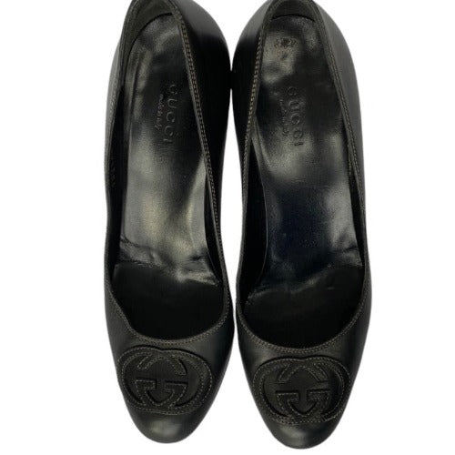 GUCCI Black Leather GG Stitched Embroidered Logo Heel Pumps, Size 36