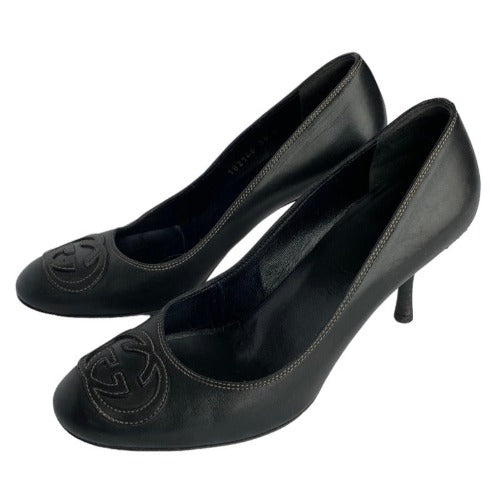 GUCCI Black Leather GG Stitched Embroidered Logo Heel Pumps, Size 36