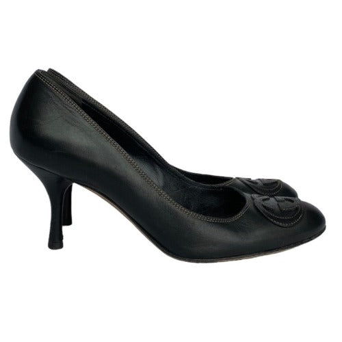 GUCCI Black Leather GG Stitched Embroidered Logo Heel Pumps, Size 36