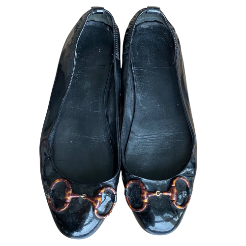 GUCCI Black Patent Leather Horsebit Ballerina Flats, Size 38