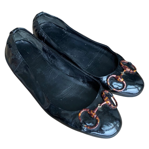 GUCCI Black Patent Leather Horsebit Ballerina Flats, Size 38
