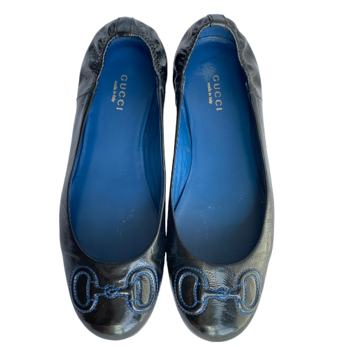 GUCCI Black Patent Leather Navy Horsebit Embroidered Ballet Flats, Size 36.5