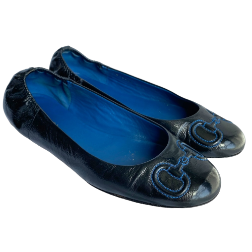 GUCCI Black Patent Leather Navy Horsebit Embroidered Ballet Flats, Size 36.5