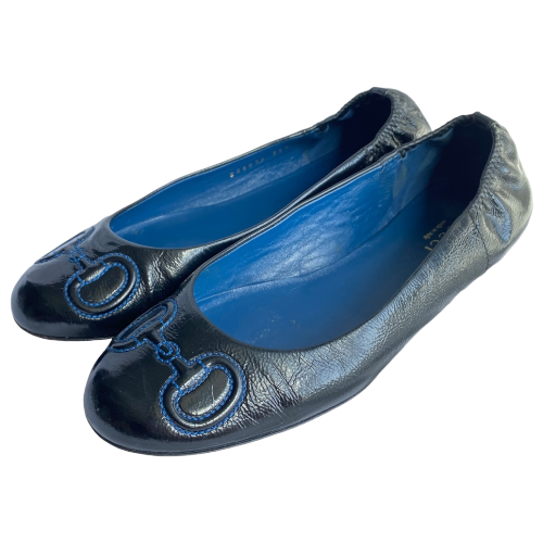 GUCCI Black Patent Leather Navy Horsebit Embroidered Ballet Flats, Size 36.5