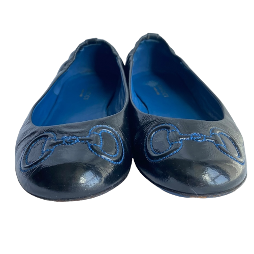 GUCCI Black Patent Leather Navy Horsebit Embroidered Ballet Flats, Size 36.5