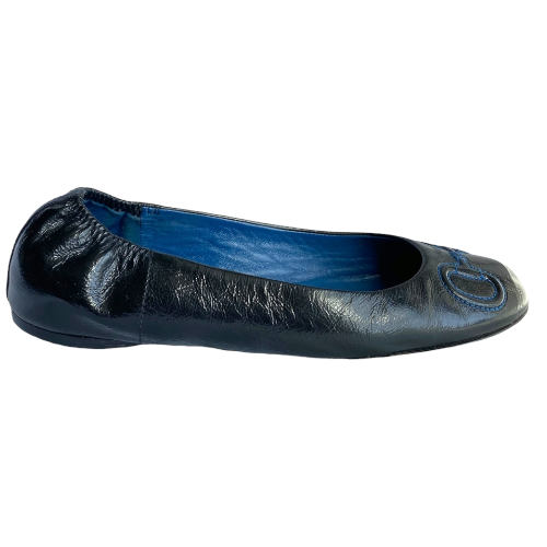 GUCCI Black Patent Leather Navy Horsebit Embroidered Ballet Flats, Size 36.5